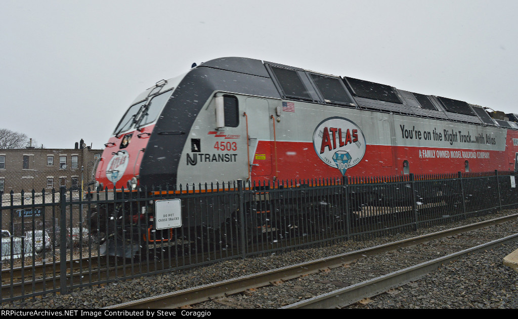 3/4 shot of NJT 4503 Atals Model RR 100th Anniv. decal and company slogan. 